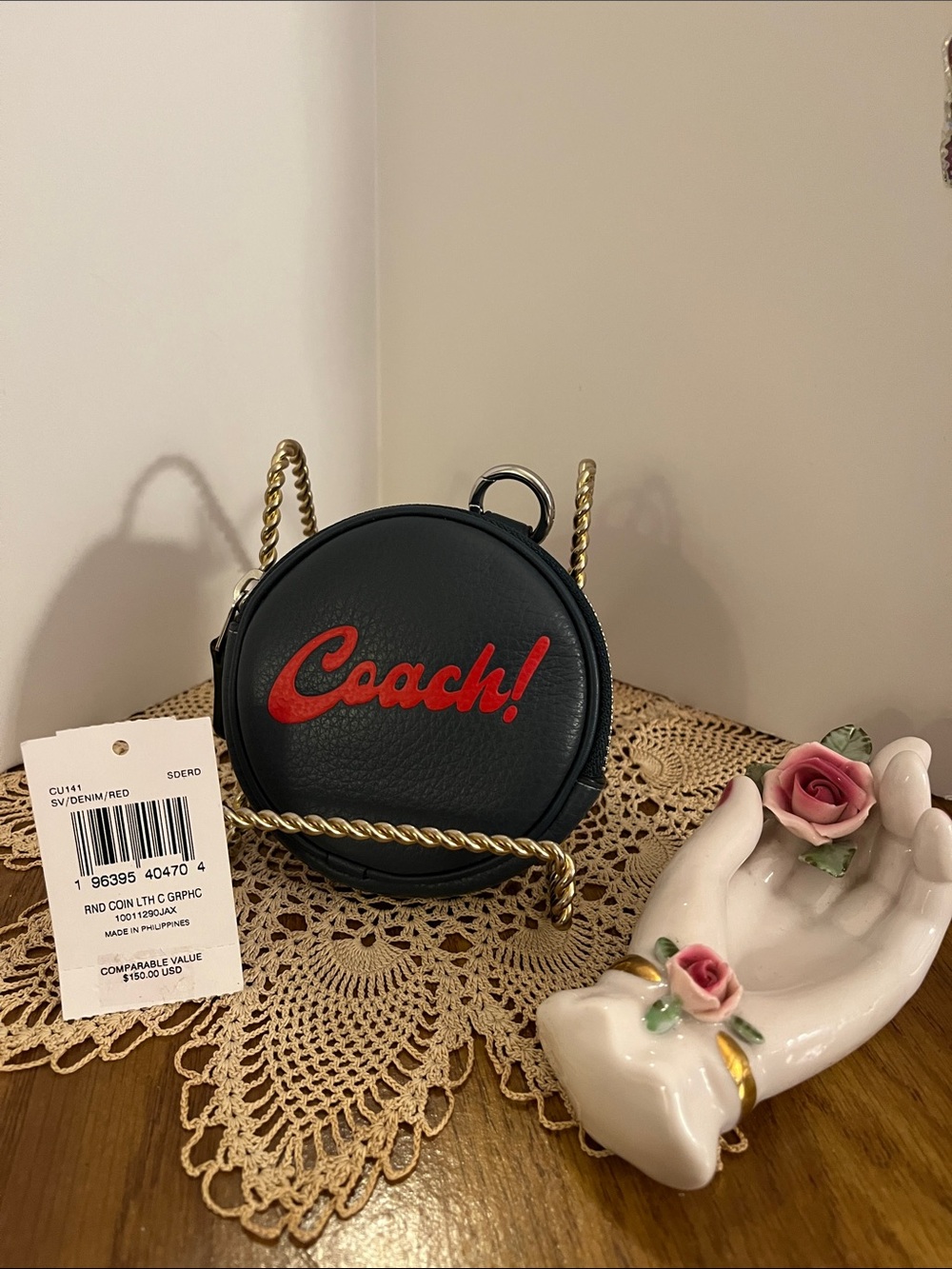 Coach Dark Blue and Red Round Coin Case with Red Script Logo